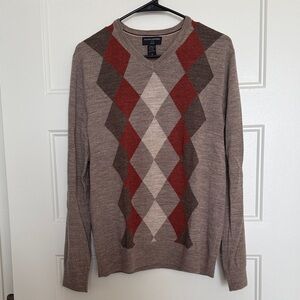 Banana Republic Men's Argyle V-Neck Sweater - Light Brown with Brown and Orange